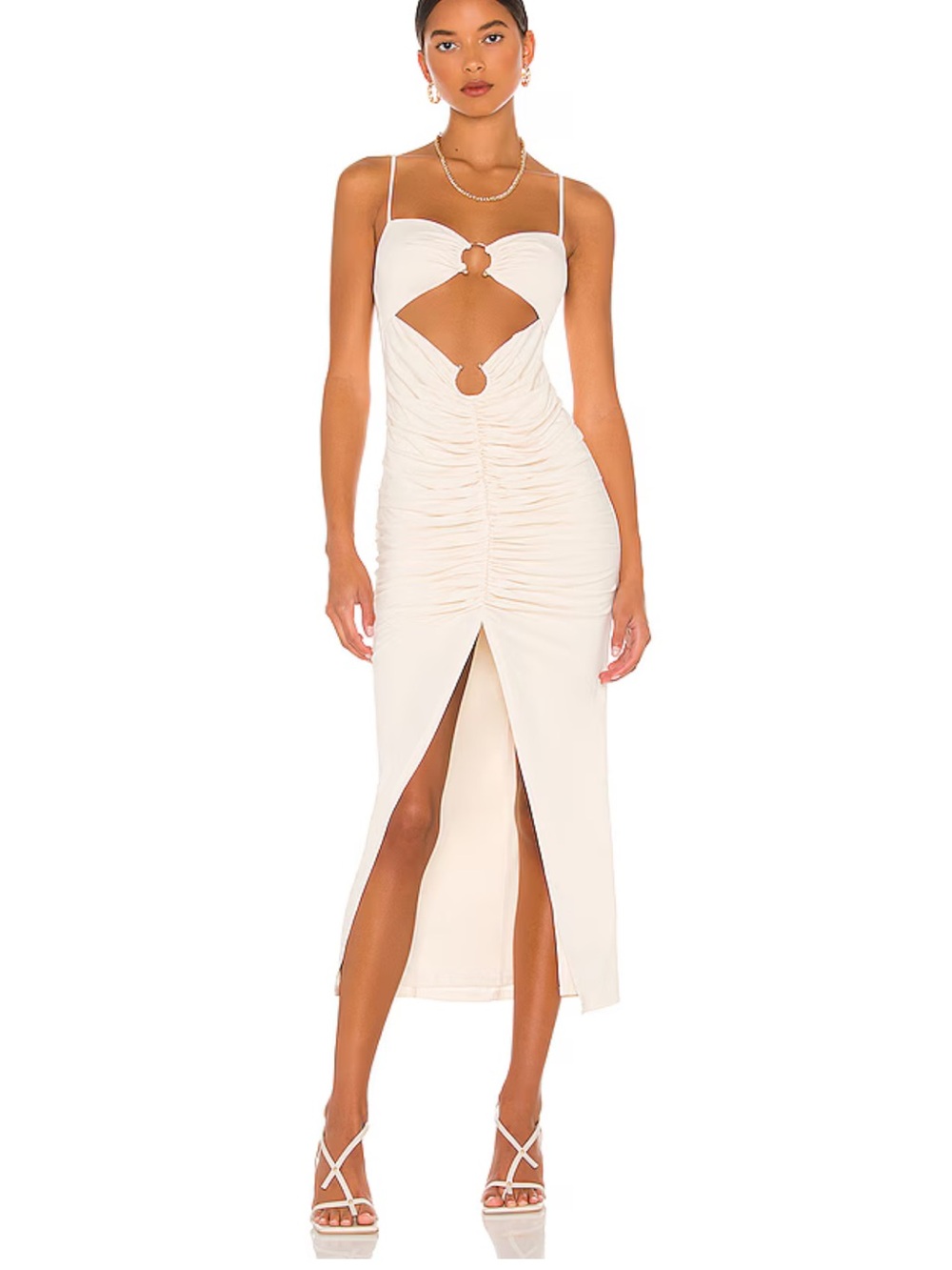 Camila Coelho Ivory Cutout Ruched Midi Dress with Front Slit